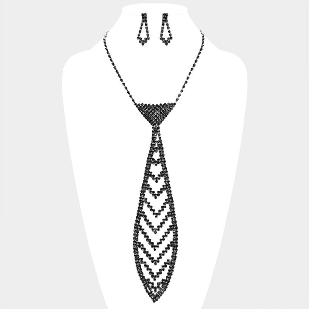 Black Rhinestone Crystal Tie Necklace Chain Trendy Fashion Jewelry Accessories